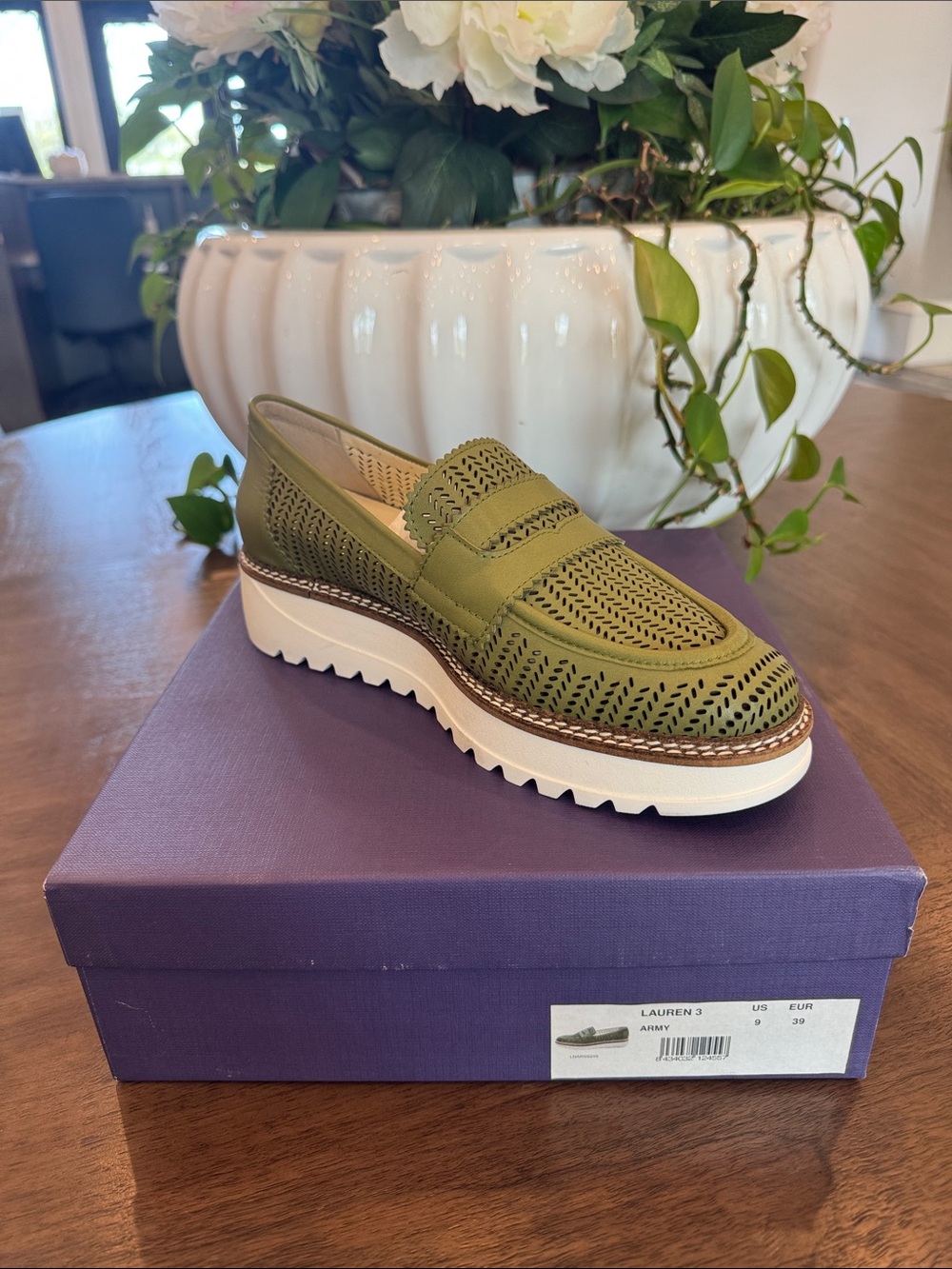 Perforated Platform Penny Loafer - Olive Green